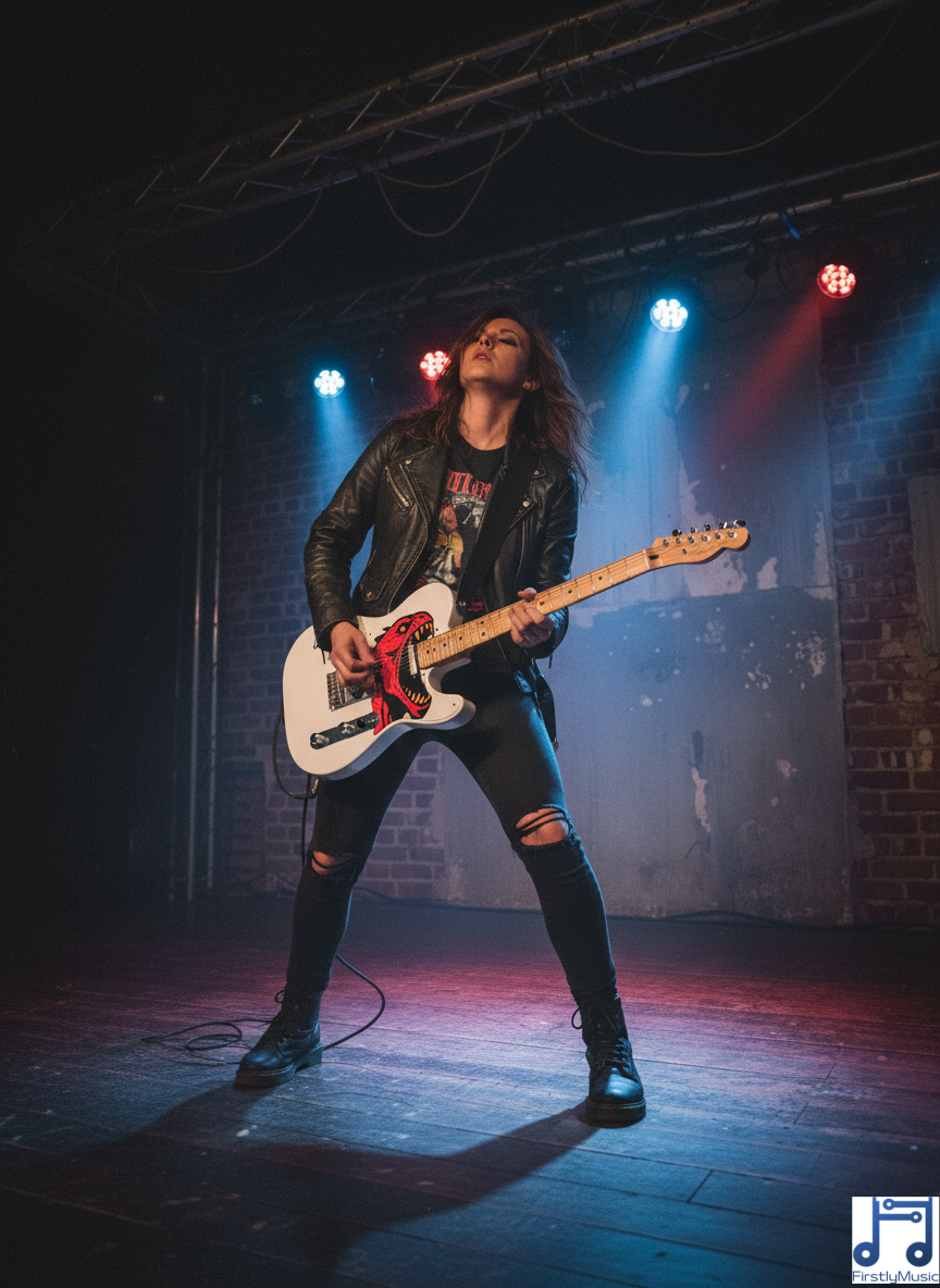 guitariste femme guitare Telecaster blanche pickguard étendu forme Monstre