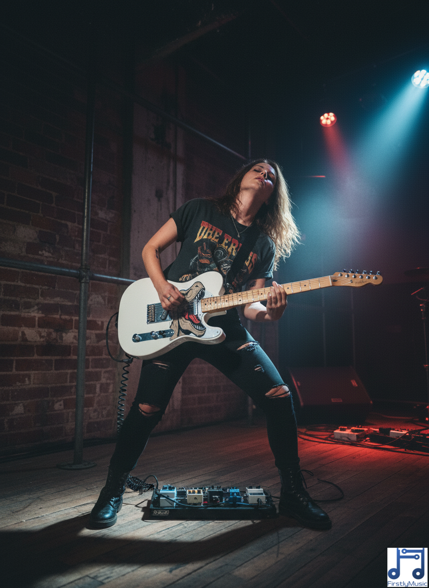 guitariste femme guitare Telecaster blanche pickguard étendu forme Tyrannosaure guitariste femme guitare Telecaster blanche pickguard étendu forme Tyrannosaure